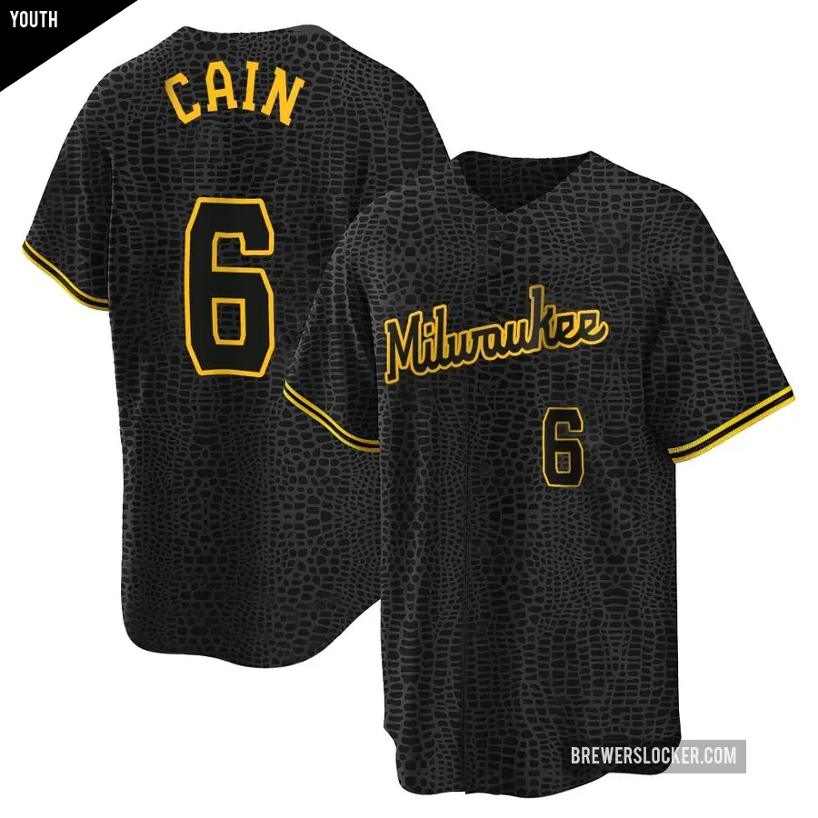 Youth Milwaukee Brewers ＃6 Lorenzo Cain Replica Black Snake Skin City Jersey