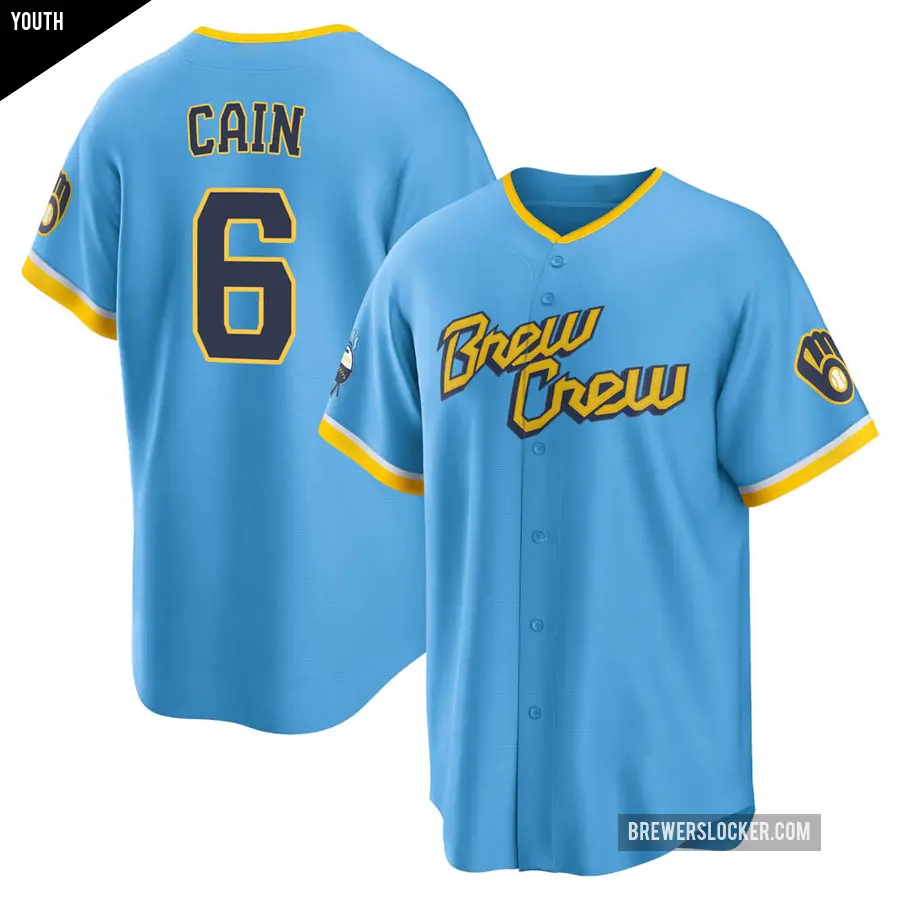 Youth Milwaukee Brewers ＃6 Lorenzo Cain Replica Blue Powder 2022 City Connect Jersey