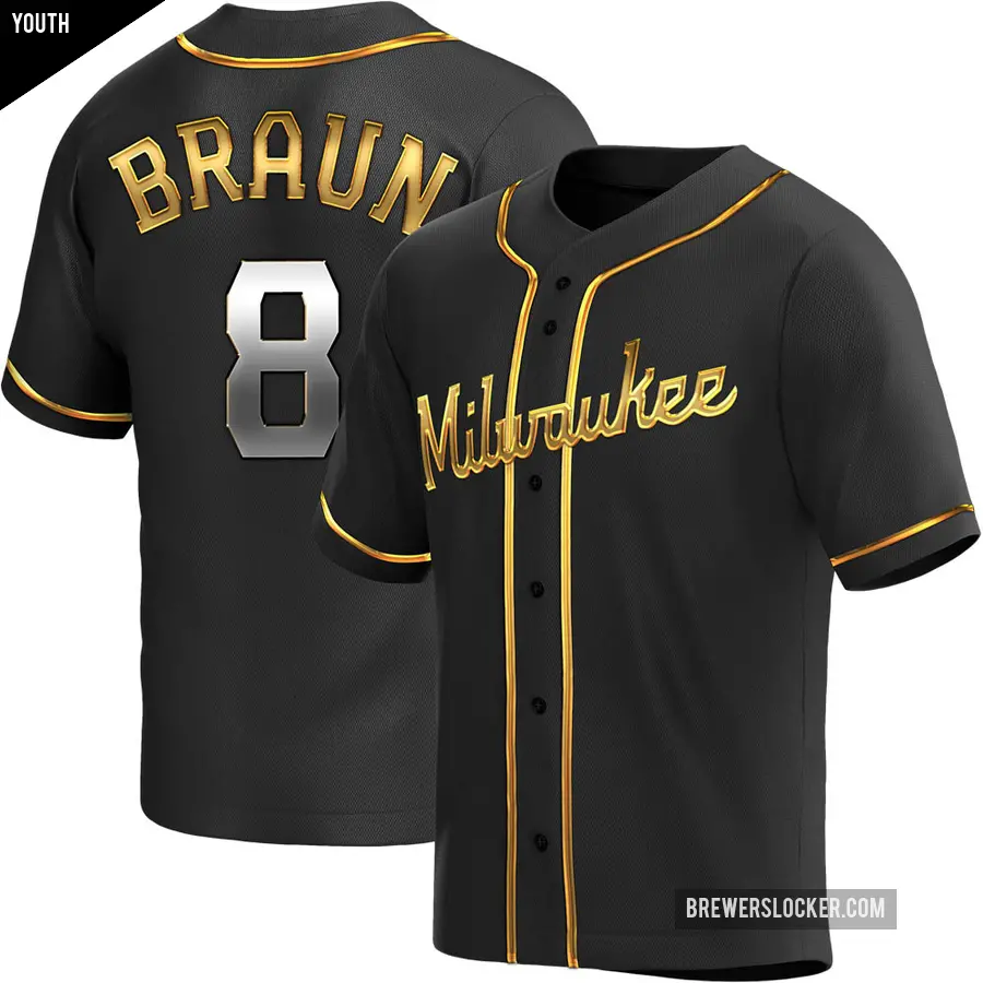 Youth Milwaukee Brewers ＃8 Ryan Braun Replica Gold Black en Alternate Jersey